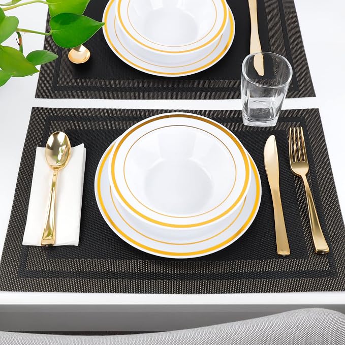 Placemats,Table Place Mats for Kitchen Dining, Heat-Resistant Anti-Skid Stain Washable PVC Table Mats, Easy to Cleaning Woven Vinyl Dinner Mats (Black, 6 Pack)