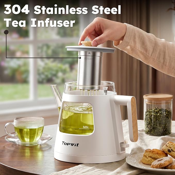 TOPWIT 1L Gooseneck Electric Tea Kettle, Glass Electric Kettle, BPA-free | Removable Stainless Steel Tea Infuser, Visible Window, Auto-Shut Off, Ideal For Pour-Over Coffee, Home & Office, White