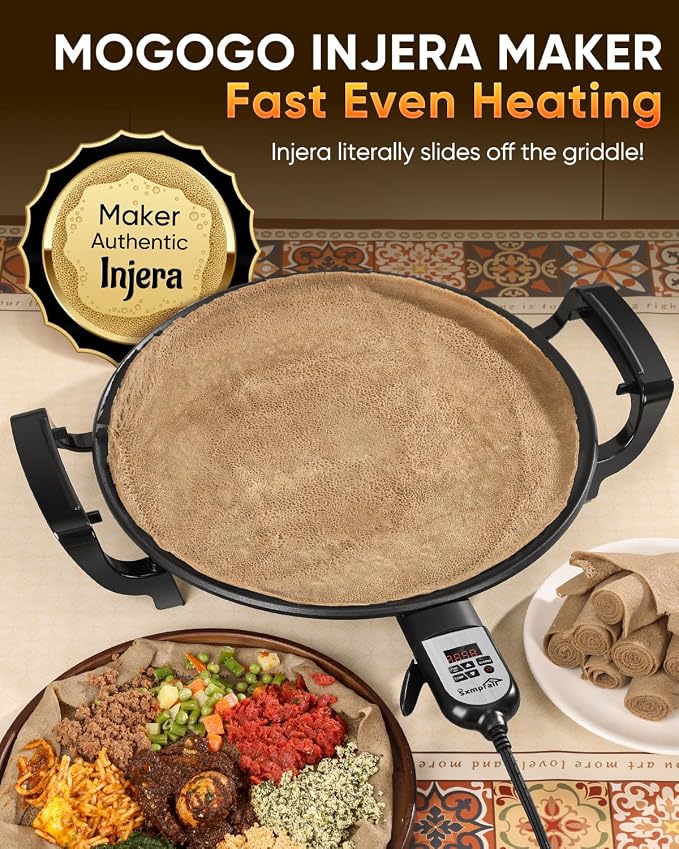 Ethiopian 18.5" Injera Maker Mitad (Mogogo), Electric Griddle with Adjustable Temperature & Time, Non-Stick Surface for Norwegian Lefse, Swedish Pancake, Indian Dosa, Digital Handle