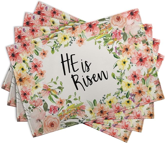 He is Risen Placemats Set of 4 Spring Easter Christian Cross Religious Flowers Kitchen Table Mats Seasonal Easter Holiday Linen Fabric Place Mat for Party Kitchen Dining Decoration