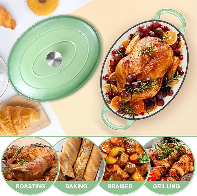 E-far 5QT Oval Dutch Oven Pot with Lid, Enameled Cast Iron Dutch Oven with Dual Handles, Heavy-Duty Cookware for Sourdough Bread Baking, Braising, Stews, Oven Safe & Easy Clean, Green