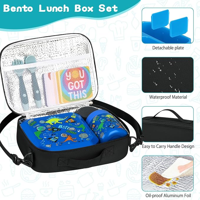 wiwens Bento Lunch Box for Kids with 12oz Soup Thermo Leak-Proof Lunch Food Container with 5 Compartment Thermo Hot Food Jar and Insulated Lunch Bag for Kid Toddler Girls Boys to School