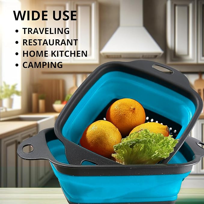 Square Collapsible Colander with Handles – Blue Square Silicone Kitchen Strainers with Plastic Handles Foldable Kitchen Strainer Perfect for Draining Pasta Vegetable and Fruit Blue