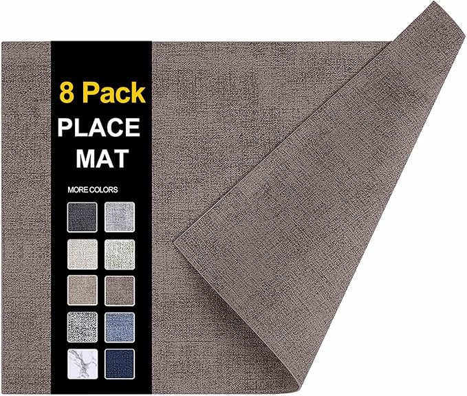 Faux Leather Heat Resistant Placemats 8 Packs, Waterproof Wipeable Dining PU Place Mats for Indoor & Outdoor, Easy to Clean, Brown