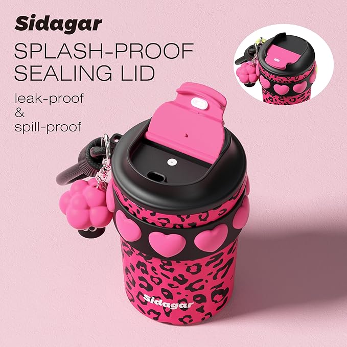 SDGA+ 12 oz Travel Coffee Mug Spill Proof Leak Proof, Stainless Steel Thermal Coffee Cup with Lid, Resuable Cup for Hot and Cold, Portable Tumbler for Women, Pink Leopard