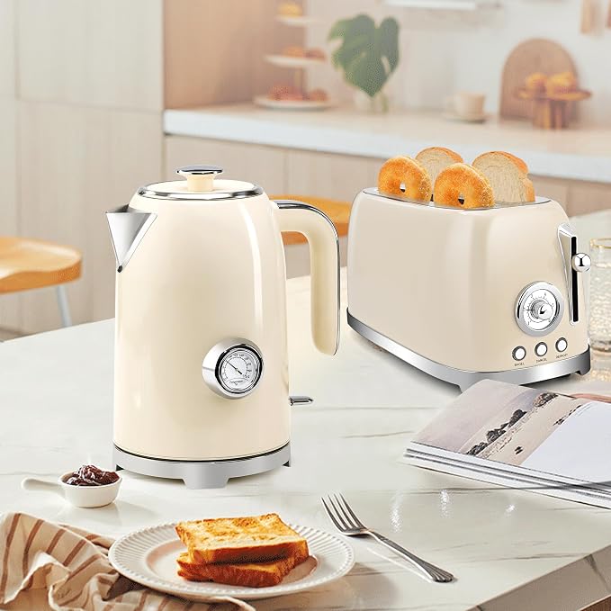 SUSTEAS 57oz Electric Kettle with Thermometer, Hot Water Pot, Beige | Electric Tea Kettle for Boiling Water, 1500W Stainless Steel Pot, Cordless LED Indicator, Auto Shut-Off & Boil Dry Protection