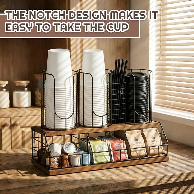 18oz Adjustable Coffee Cup Dispenser with Wooden Base, Cup and Lid Holder, Cups Holder Organizer for Coffee Pod Straw and Lid Storage(4-compartment Double,Color 1)