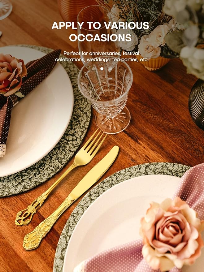 Stapava 30 Pcs Retro Royal Gold Silverware Set, Stainless Steel Gold Utensils Cutlery Set for 6, Gorgeous Flatware Set Include Forks Spoons and Knives set, Dishwasher Safe, Mirror Polished