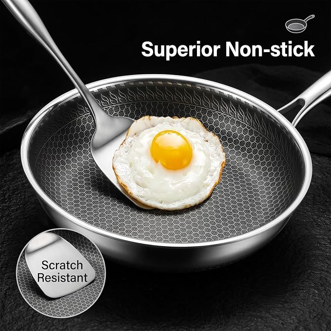 12 Inch Nonstick Stainless Steel Frying Pan with Lid Honeycomb | PFAS PFOA PTFE Free, Scratch-Proof & Metal Utensil Safe, All Cooktops Compatible, Oven & Dishwasher Safe Fajita Cooking Pan