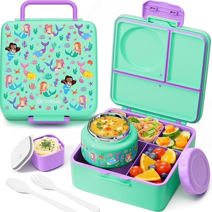 Fimibuke 60oz Leakproof Bento Lunch Box for Kids with 8.5oz Thermo Food Jar | 3-4 Compartment Toddler Lunch Box kids Food Container with Utensil Sauce Cup for School Boys Girls, Dishwasher Safe, BPA-Free