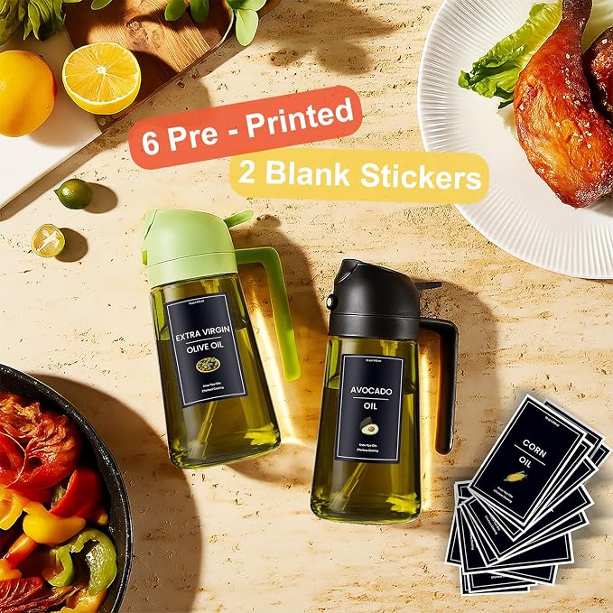 CXINYI 2-in-1 Olive Oil Sprayer with 16 PCS Waterproof Labels Set, 470ml Glass Oil Dispenser for Kitchen, Air Fryer & Salad (Black)