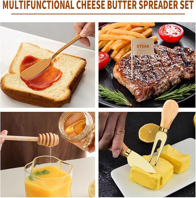 48 Pcs Charcuterie Boards Accessories Butter Spreader Knives Set Stainless Steel Cheese Mini Serving Tongs Spoons Forks Dipping Bowls Toothpick Flags Utensils for Pastry Making Wedding Christmas(Gold)
