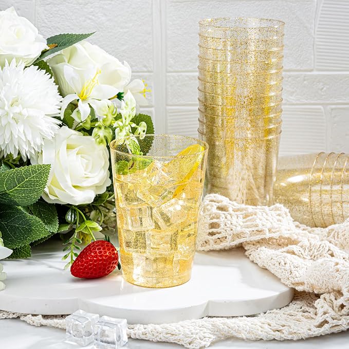 I00000 50 Pack 12 oz Gold Glitter Plastic Cups, Clear Disposable Cups, Disposable Plastic Wine Glasses Cocktail Glasses Premium Cups, 12 Ounce Glitter Tumblers for Party & Wedding