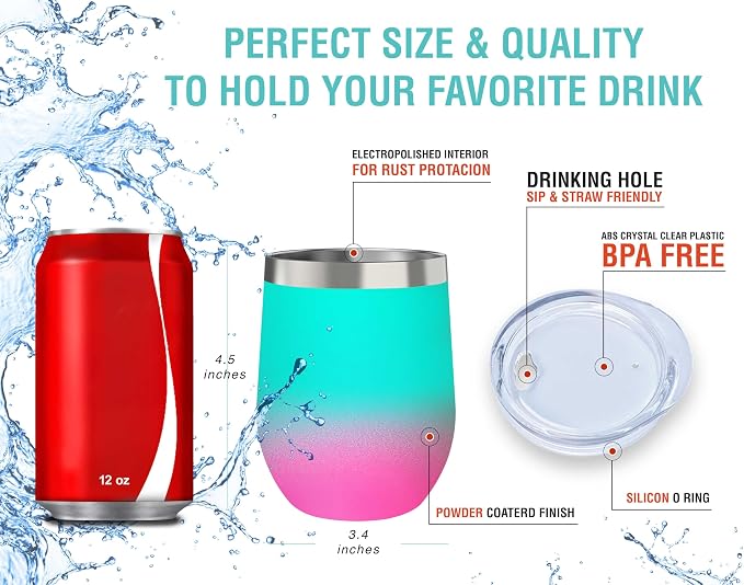 CHILLOUT LIFE 12 oz Stainless Steel Wine Tumbler with Lid - Double Wall Vacuum Insulated Wine Cup Glass Keeping Cold & Hot for Coffee, Champagne, Cocktails, Ice Cream - Powder Coated Aqua Blue/Pink