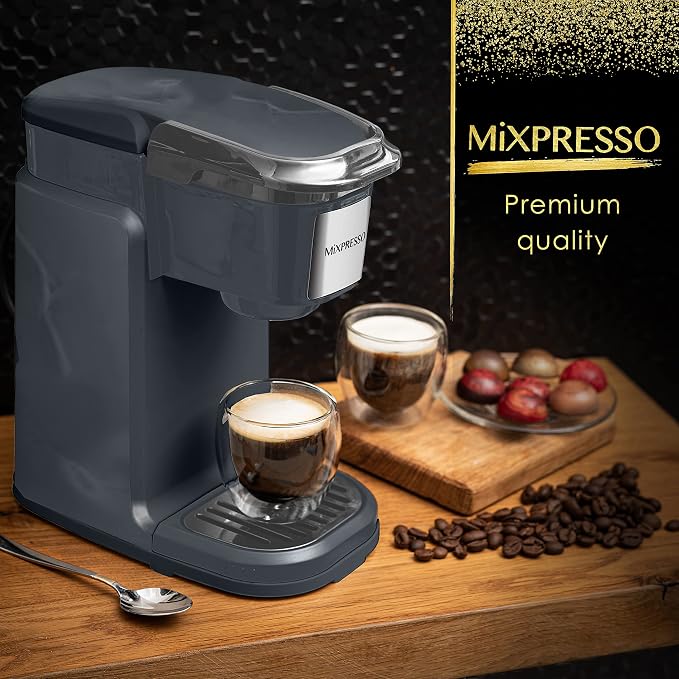 Mixpresso Single Serve Coffee Maker K Cup Coffee Maker for K Pods & Grounds | Compact 800W Gray Coffee Machine with 12 Oz Water Tank, Fast Brew & Auto Shut-Off, Small Design for Travel, Office, RV & Dorm