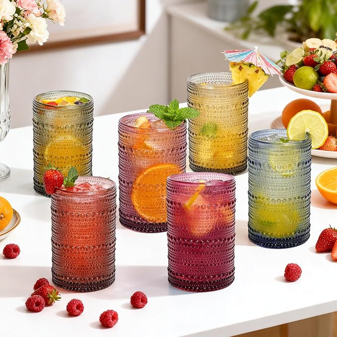 GGOLDMER Colored Hobnail Drinking Glasses Set of 6, 12oz Vintage Highball Glasses, Kitchen Glassware, Beaded Glass Cups for Iced Coffee, Cocktail, Beer, Juice, Cocktail, Whiskey, Milk