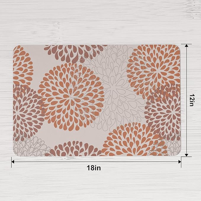 QIYI PU Leather Placemats Set of 4, 12"x18" Waterproof Table Mats, Brown | Faux Leather, Heat Resistant, Anti Slip, Wipeable Place Mats for Kitchen Dinning, Party Table Décor, Brown Floral Burst