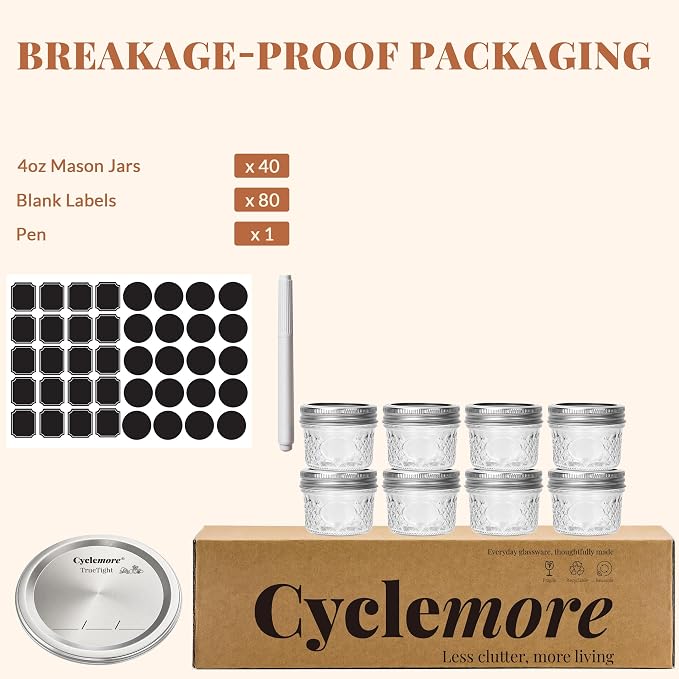 CycleMore 40 Pcs 4oz Crystal Mini Mason Jars, Silver Separable Lids | Airtight, BPA-free, Reusable, WasherSafe, Small Canning Jars for Jam, Honey, Samples, Wedding Favors, DIY Candles