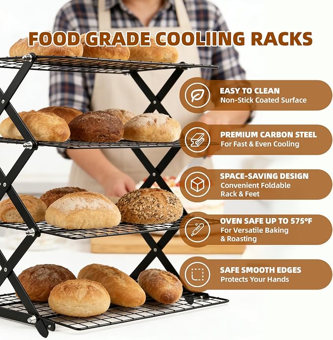 4 Tier Collapsible Cooling Rack Sourdough Cooling Rack 17"x10" | Cooling Racks for Cooking and Baking, Roasting, Grilling, Adjustable 6 Setting Design stackable, Oven & Dishwasher Safe