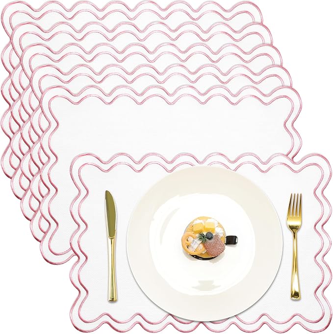 HunnmingRe White with Pink Set of 6 Cotton Linen Wedding Placemats, 13x19 Inch Scalloped Wavy Embroidery Placemat Double Layered Washable Rustic Rectangle Dinner Table Mat for Home Decor
