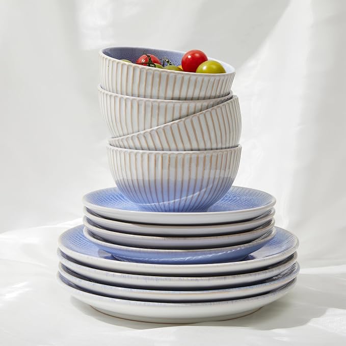 Ceramic Dinnerware Sets, Handmade Reactive Glaze Plates and Bowls Sets, Highly Chip and Crack Resistant Dish Set, Distinctive Granulated Surface Dishwasher & Microwave Safe Service for 4
