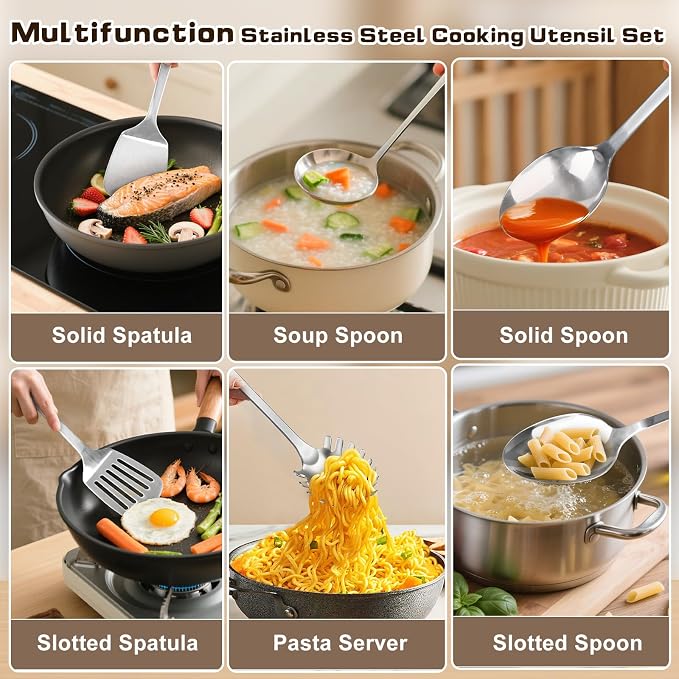 9 Pcs Cooking Utensils Set, Stainless Steel Kitchen Utensils, Heat Resistant Metal Kitchen Tools Include Solid & Slotted Turner Wok Spatula, Serving Spoon, Ladle, Pasta Server, Meat Fork, Tongs Silver