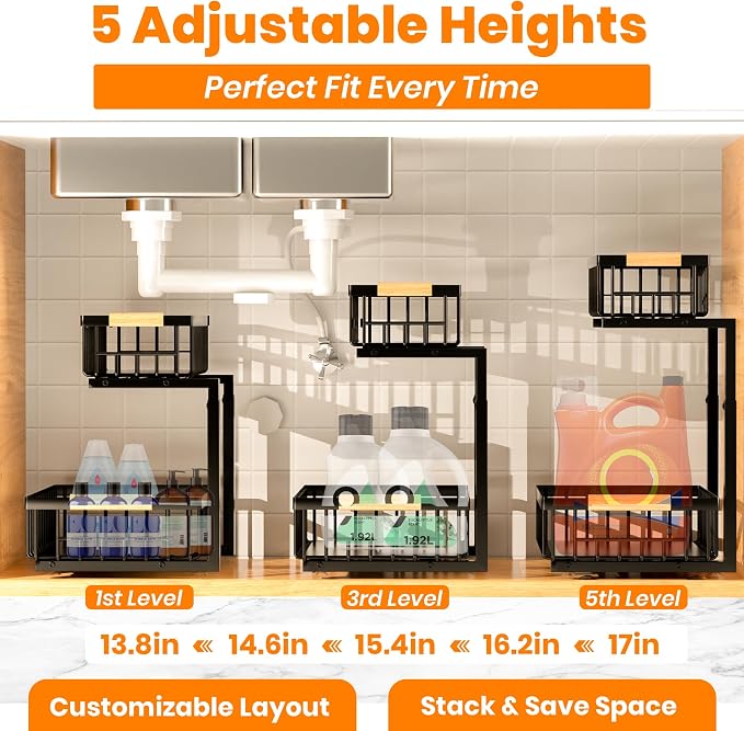 Under Sink Organizer, 2-Tier Pull-Out Cabinet Organizer – Adjustable Height, Left or Right Install – Smooth Slide-Out Drawers, Heavy-Duty Metal Rack for Kitchen & Bathroom, 1 Pack