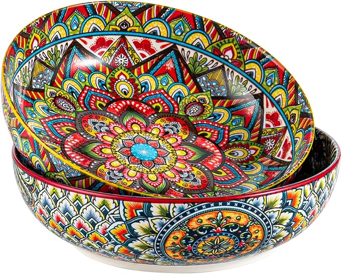 Henten Home Ceramic Pasta Bowls, 50 oz Soup Bowl Set of 2, Colorful Large Salad Bowls, Bohemia Shallow Serving Bowls Set for Noodles, Microwave & Dishwasher Safe (Set A)