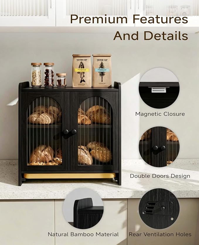 Bread Box for Kitchen Countertop, Large Double Layer Wooden Bread Storage Container with Acrylic Window, Adjustable Air Vents & Built-In Cutting Board, Pantry Organizer, Black