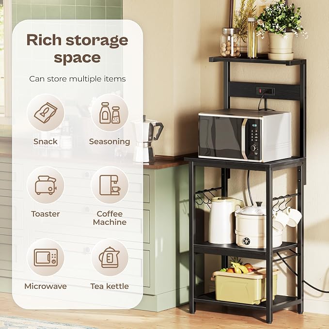 SUPERJARE 4 Tier Bakers Rack with Power Outlets, Microwave Stand with Adjustable Shelf, Kitchen Shelf Organizer for Small Space, Coffee Bar with 6 S Hooks, Kitchen Storage Rack, Black