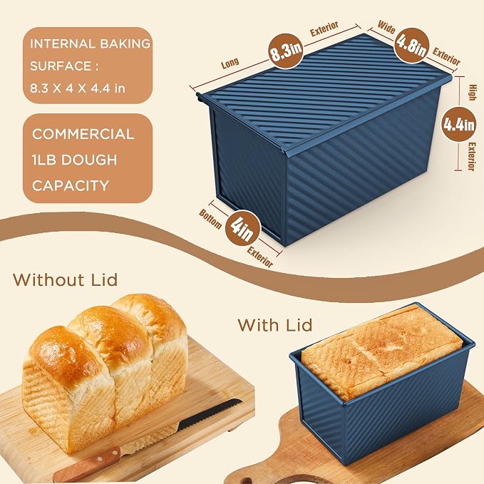 KITESSENSU Pullman Loaf Pan with Lid, 1 lb Dough Capacity Non-Stick Bakeware for Baking Bread, Carbon Steel Corrugated Bread Toast Box Mold with Cover,Blue