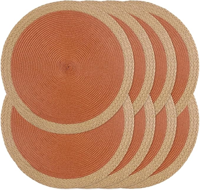 Noctiflorous Braided Round Placemats Set of 8, 15 Inch Woven Table Mats, Non-Slip Washable Wide Edge Place Mats for Kitchen Dining Table Decor (Dark Orange, 8)