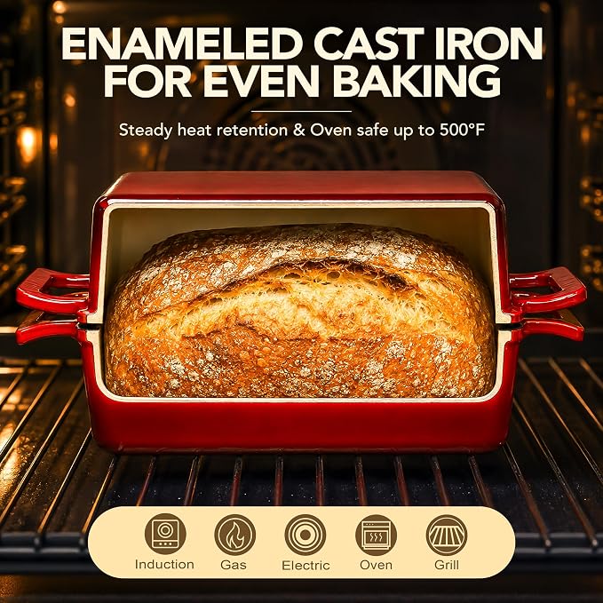 MICHELANGELO Enameled Cast Iron Bread Pan with Lid, 9x5 Sourdough Loaf Pan | PFAS-Free enamel | Use two pans or stack as a lid for crispier crust I Ideal for sandwich bread, banana bread and meatloaf.