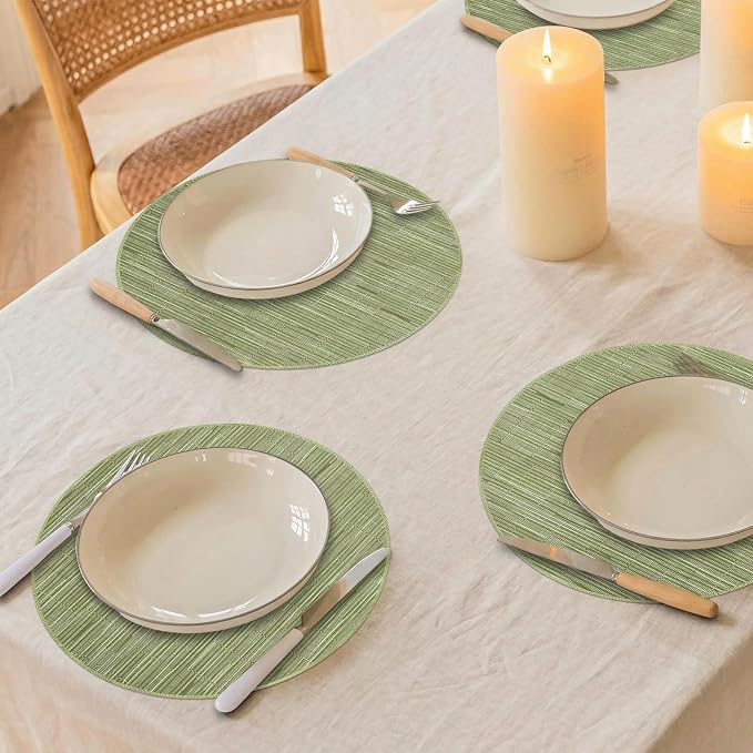 Round Placemats, Placemats Set of 4 Washable Place Mats, Green 15" | Easy to Clean, Heat Resistant Table Mats, Wipeable Linen Placemat for Holiday Party Kitchen Dining Table Decoration