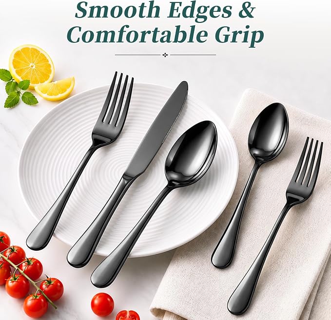 Black Silverware Set with Organizer, 45-Piece Stainless Steel Cutlery Set | Flatware Set for 8, Includes Forks, Knives, Spoons & Serving Utensils, for Dining, Entertaining & Housewarming