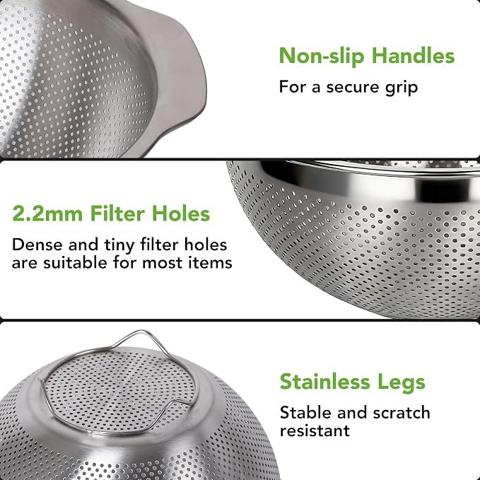 304 Stainless Steel Colander and Strainer, 5QT Large Capacity and 6QT Mixing Bowl, Micropore for Washing Rice, Fruit, and Cooked Pasta, Perfect Draining for Grain and Bean