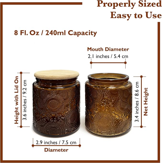 8 oz Decorative Small Glass Jars with Airtight Bamboo Lids, Amber 6 Pack | Vintage embossed color coated containers, kitchen pantry bathroom organization & decor, spices, DIY gifts, candle making