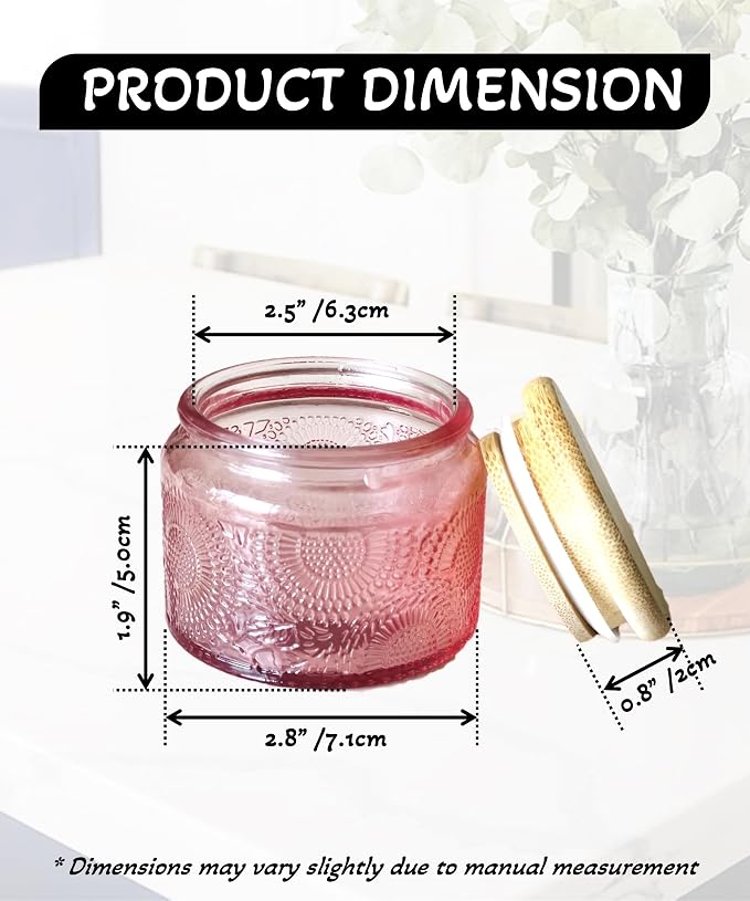 4 oz Decorative Small Glass Jars with Airtight Bamboo Lids, Pink 12 Pack | Vintage embossed color coated containers, kitchen pantry bathroom organization & decor, spices, DIY gifts, candle making