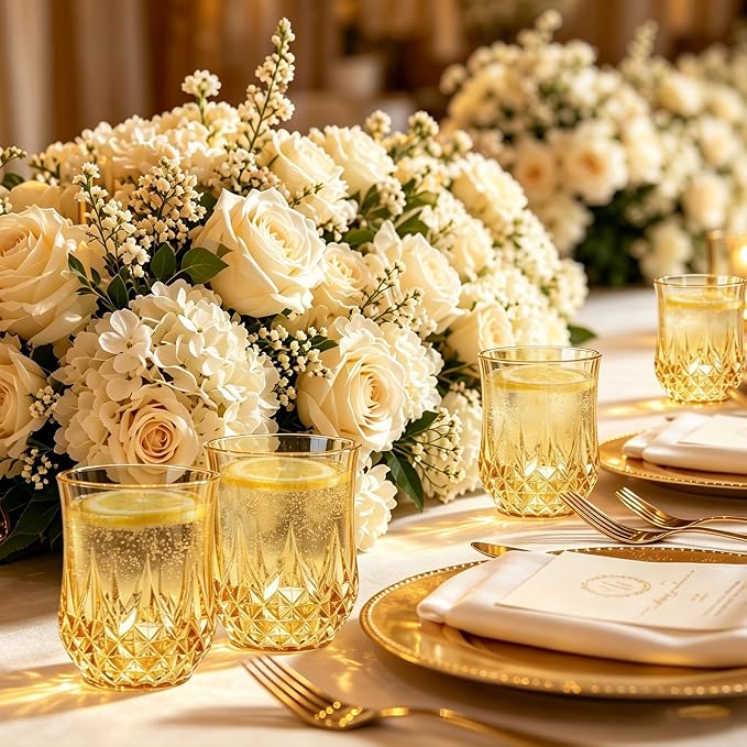 24 Pack 12 Oz Plastic Stemless Wine Glasses, Gold | Unbreakable, Reusable, Elegant Vintage Design, Fancy Cocktail Cups, Whiskey, Champagne, Wedding, Party, Bars, Holiday Events