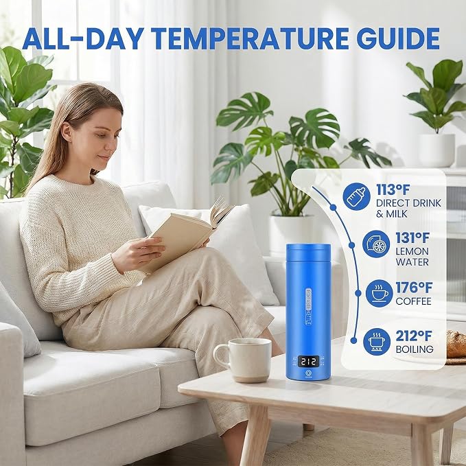 Travel Kettle,Portable Electric Kettle with Temperature Control, Brews Two Cups of Coffee, 316 Stainless Steel Inner Tank, Elegant Blue