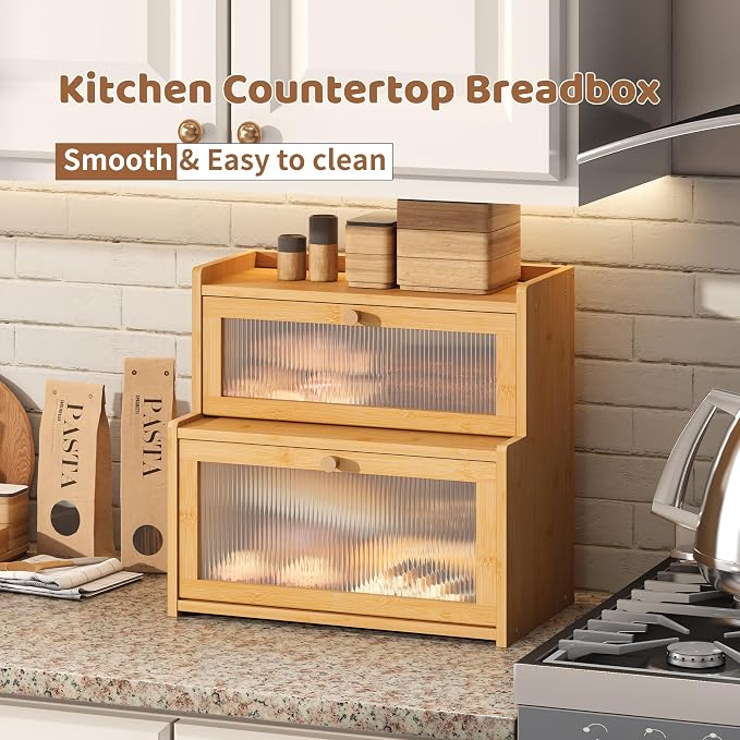 Bread Box for Kitchen Countertop Double Layer Large Corner Bread Box Capacity Bread Storage Bin Farmhouse Breadbox Container Organizer Cabinet Cupboard Nature