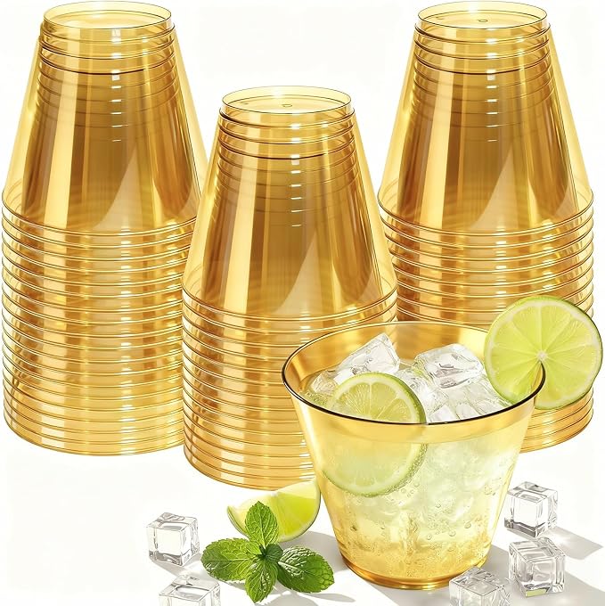 Glowserve 9 OZ Gold Disposable Plastic Cups Cocktail Cup 50 Pack | Fancy Cocktail Cup,Stemless Wine Glass,Wedding Wine Glasses,Graduation Birthday,World Cup,Party Essentials