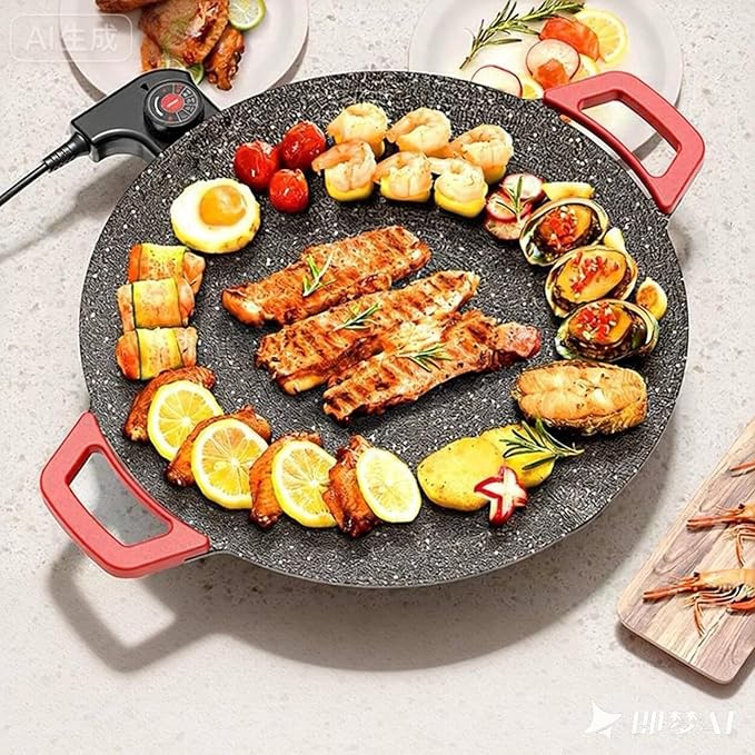 Electric Smokeless Grill, Non-Stick BBQ Griddle with Temperature Control, Round Cooking Surface with Red Handles, Indoor Barbecue Pan for Meat and Seafood (14)