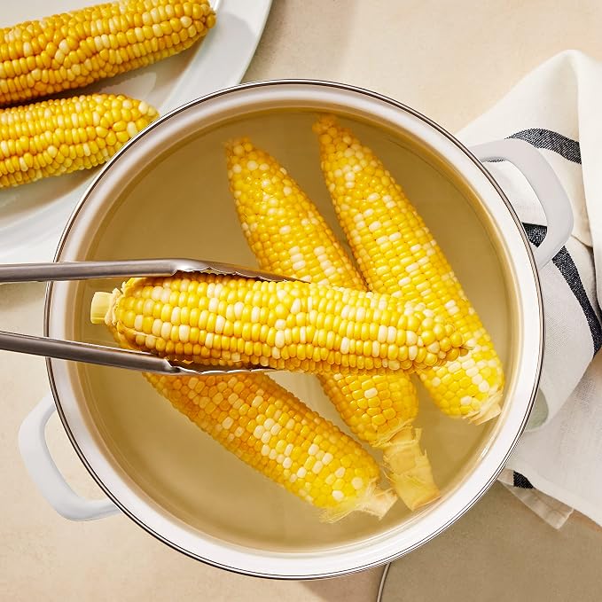 Martha Stewart 16-Quart Enamel on Steel Scratch-Resistant Lobster Stock Pot – Linen – Durable Large Capacity Pot for Boiling, Steaming & Seafood Cooking