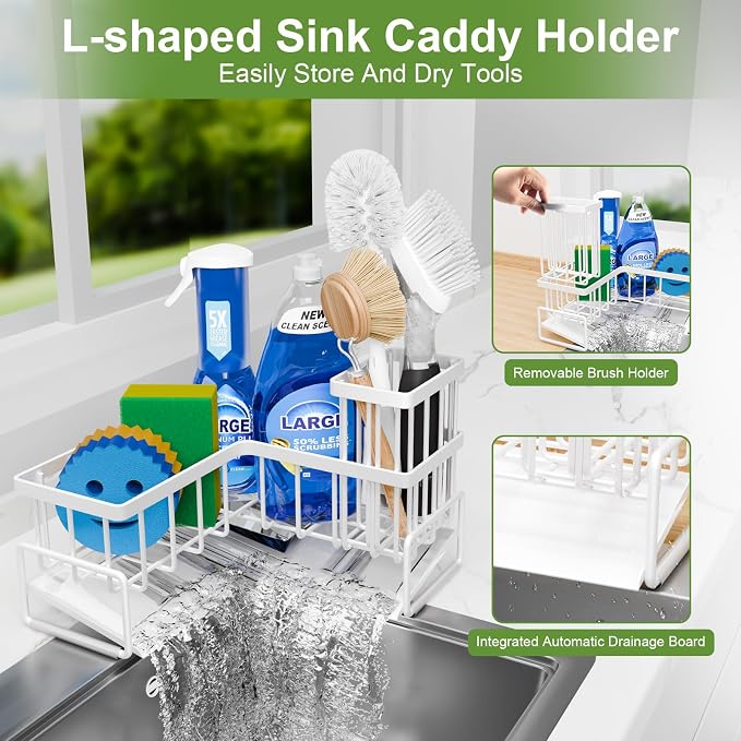 Fikoksol Large Sponge Holder for Kitchen Sink, 90-Degree Sink Caddy Storage | Self Draining Sponge Rack for Countertop, Metal L-Shaped Dish Soap Organizer with Brush Holder, Corner Sink Storage Ideas