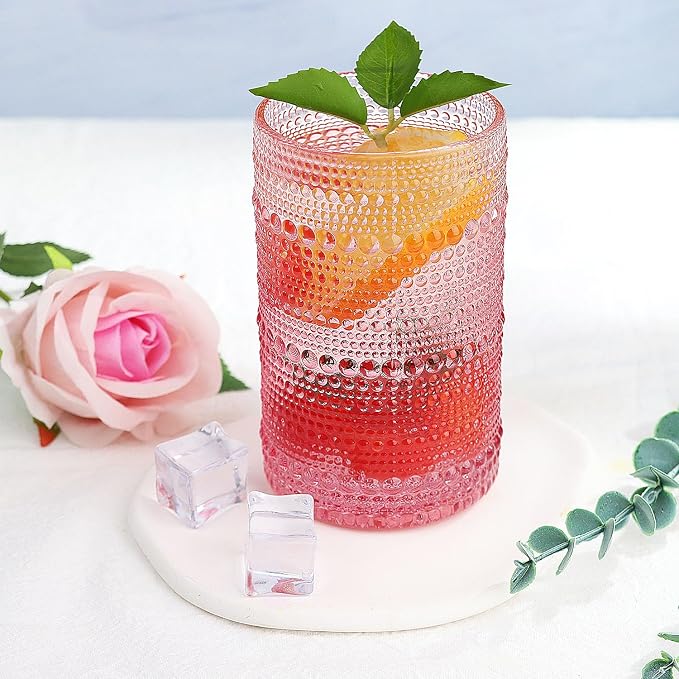 Hobnail-Drinking Glasses 13oz Vintage Glassware Sets Cocktail Juice Glasses Set of 6, Pink