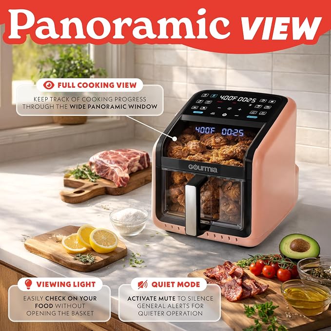 Gourmia Air Fryer 7 QT - Easy View Panorama Window & Interior Light, Guided Cooking with 12 One-Touch Presets, FryForce 360, Dishwasher Safe Accessories, Peach
