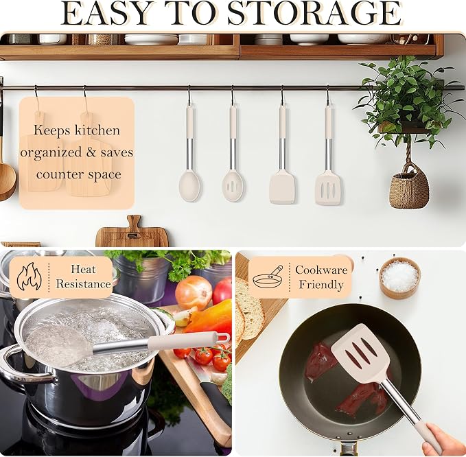 TeamFar Kitchen Utensils, 4 PCS Silicone Cooking Utensils Spatula Spoon Set | with Stainless Steel Handle, for Frying Mixing Draining Turning, Healthy & Heat-proof, Non-stick & Dishwasher Safe - Khaki