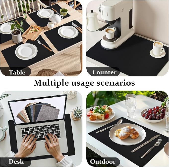 FROMHEART Faux Leather PU Placemats Set of 8 (Black,11.8" x 17") | Waterproof,Heat/Oil Stain-Resistant Table Mat–Reversible,Non-Slip,Easy to Clean Place Mats for Kitchen,Dining,Indoor/Outdoor
