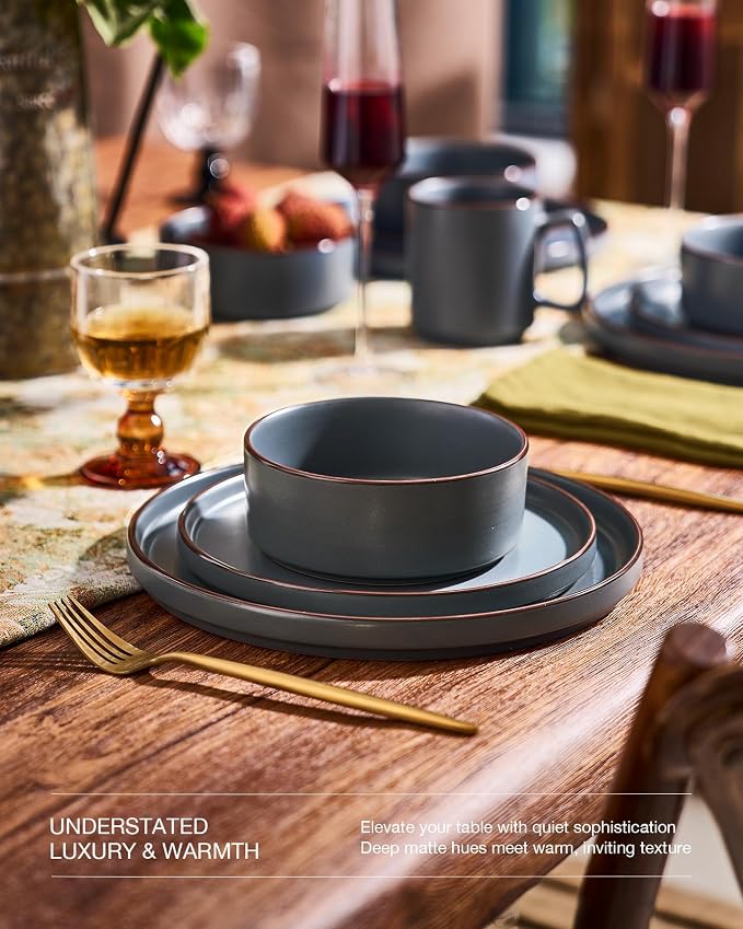 Famiware Nebula Ridge 24-Piece Stoneware Dinnerware Set, Charcoal | Plates and Bowls for 8, Warm Hand-Painted Rims, Microwave and Dishwasher Safe, Daily Essentials